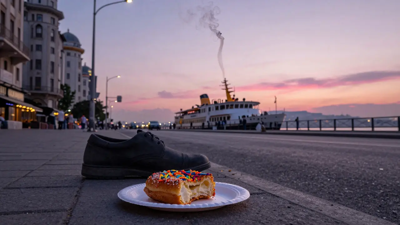 Dawn in Istanbul: a kumpir plate and cigarette smoke linger as the first ferry leaves the dock.