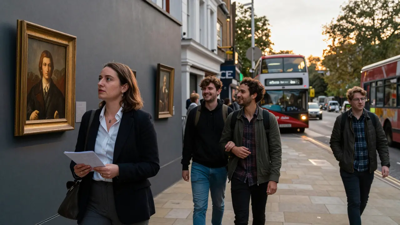Diverse travelers with companions explore London—gallery, bus ride, and park—at different times of day.