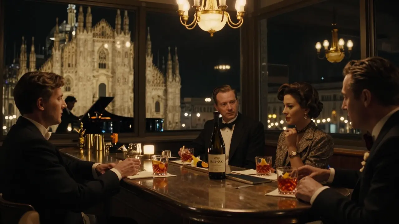 Elegant bar at Corso Como 10 with piano music, guests sipping Negronis, and Duomo reflected in floor-to-ceiling windows.
