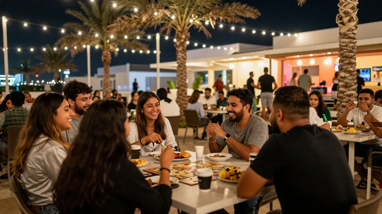 Friends socializing outdoors at Al Maryah Island with food, coffee, and board games under string lights.