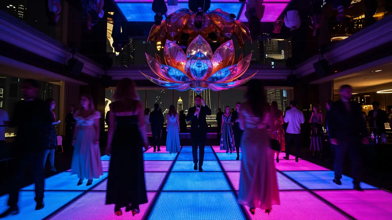 Glowing LED dance floor with blurred crowd and mirrored lotus reflections in CÉ LA VI Dubai.