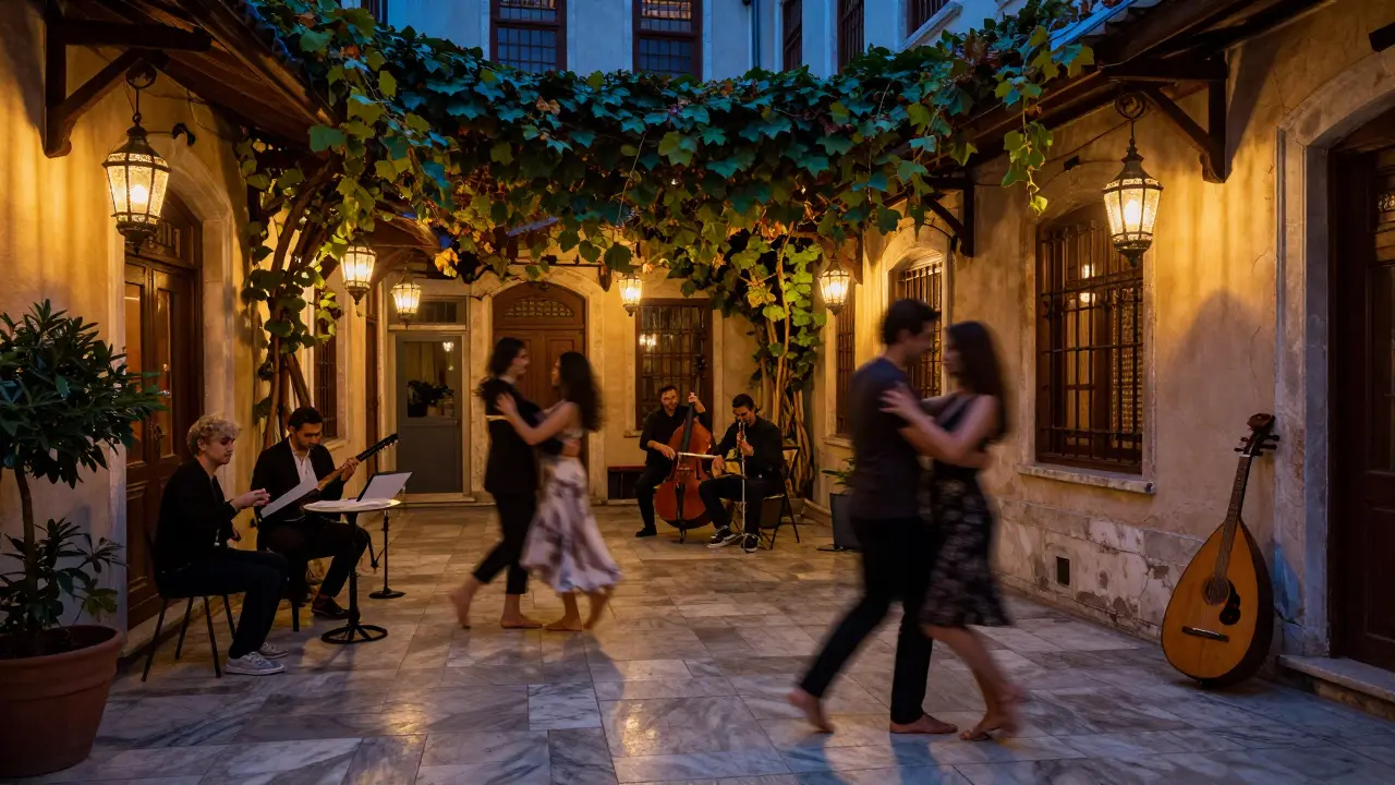Hidden courtyard at night with jazz performers and dancers under lantern light.