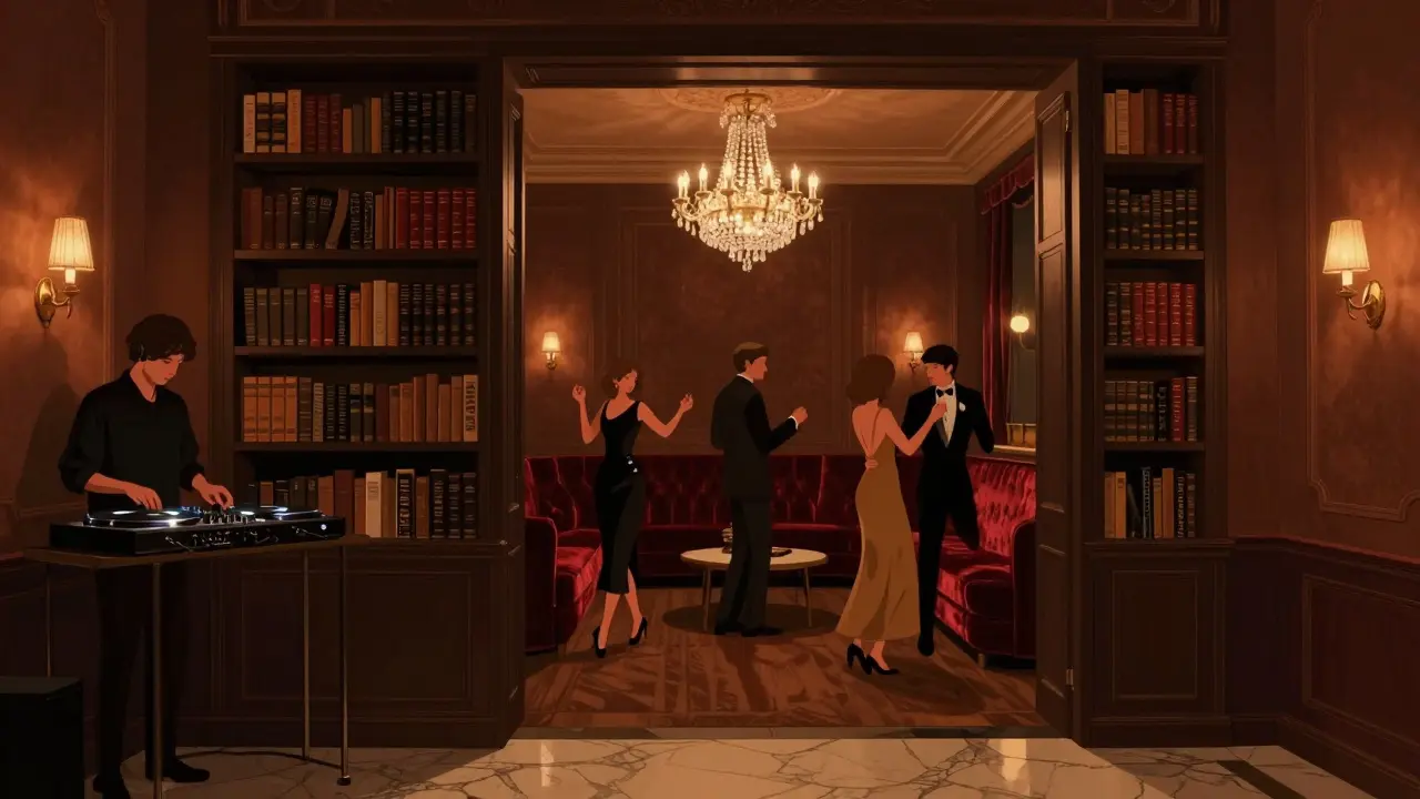 Hidden lounge behind a bookshelf with elegant patrons dancing under crystal chandeliers in dim light.