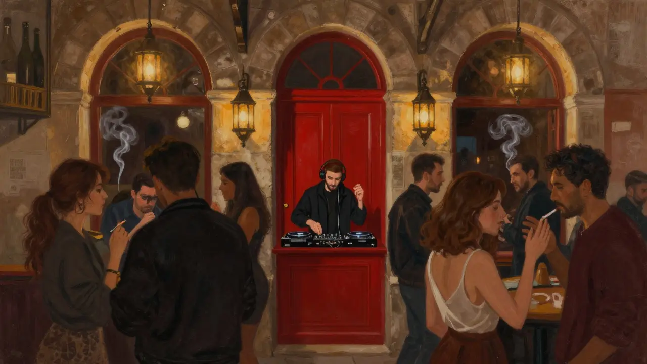Hidden red door of Bar 360 in Galata, dim interior with diverse crowd dancing to Turkish house music.