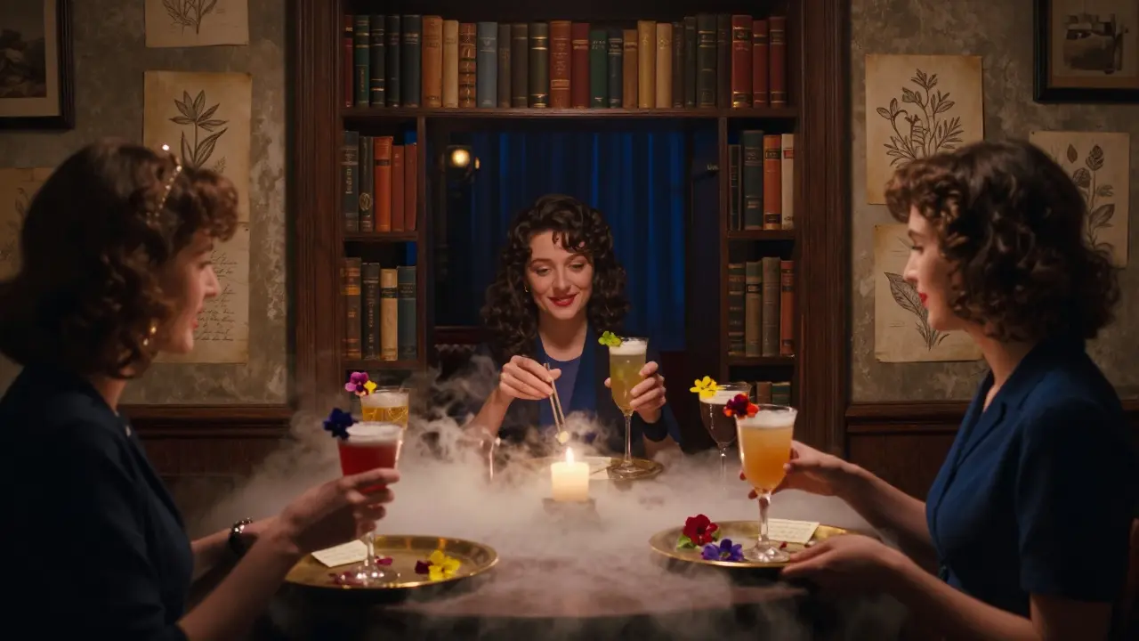Hidden speakeasy bar with cocktails served in misty, bookshelf-hidden room lit by candles.