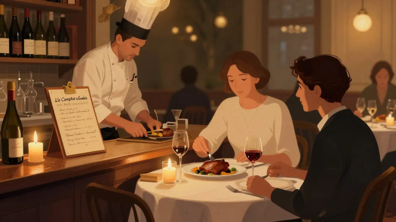 Intimate candlelit dinner at Le Comptoir du Relais with handwritten wine list and duck confit.