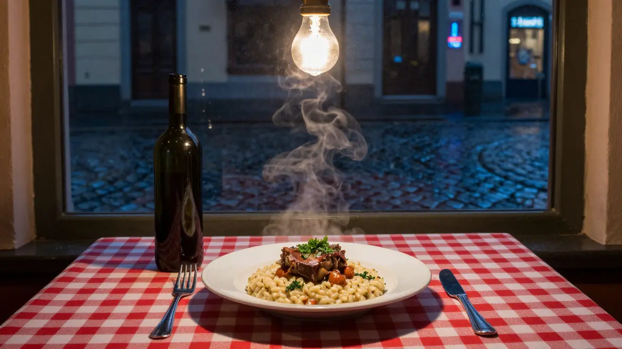 Late-night plate of risotto and ossobuco at a red-checkered table in Brera.