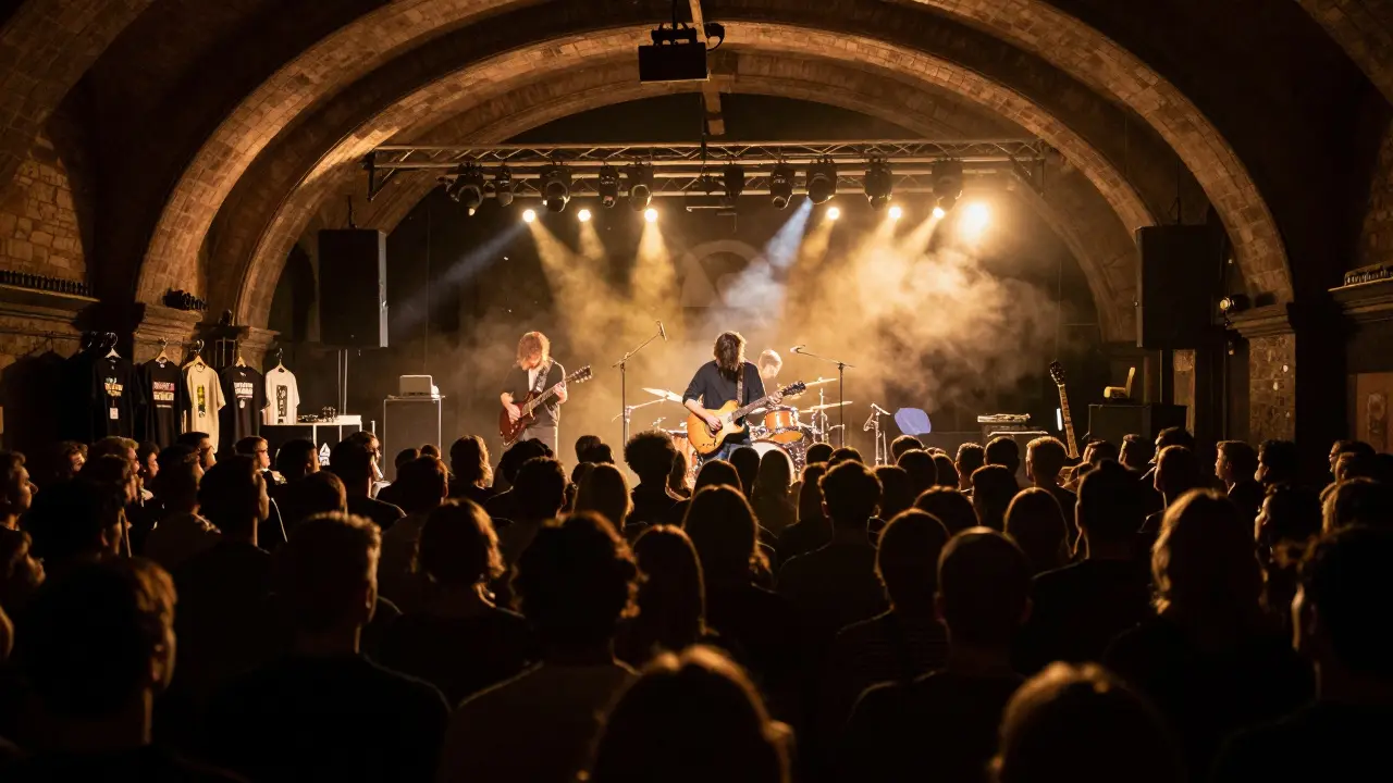 Live rock concert at O2 Academy Brixton with a sea of fans under the historic arches, guitarist in focus.
