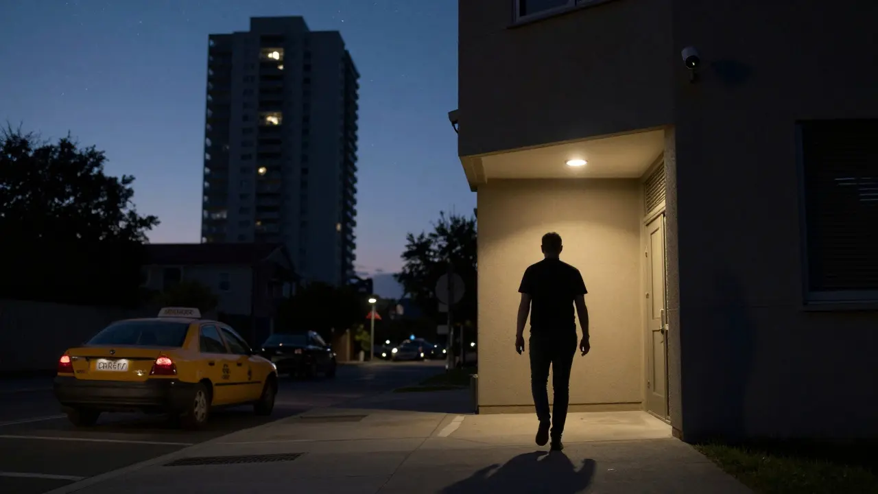 Man walking away from a private apartment toward a safe ride in Abu Dhabi at dusk.