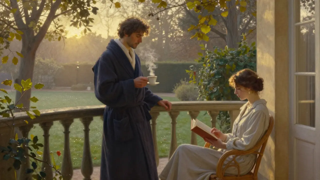 Morning on a hotel balcony overlooking Tuileries Garden with tea and a book.