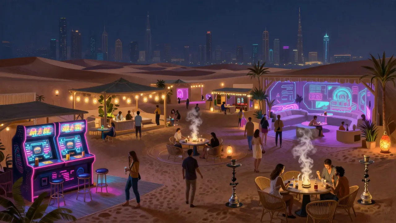 Neon Oasis nightlife complex with themed zones glowing under futuristic and desert-inspired lighting.
