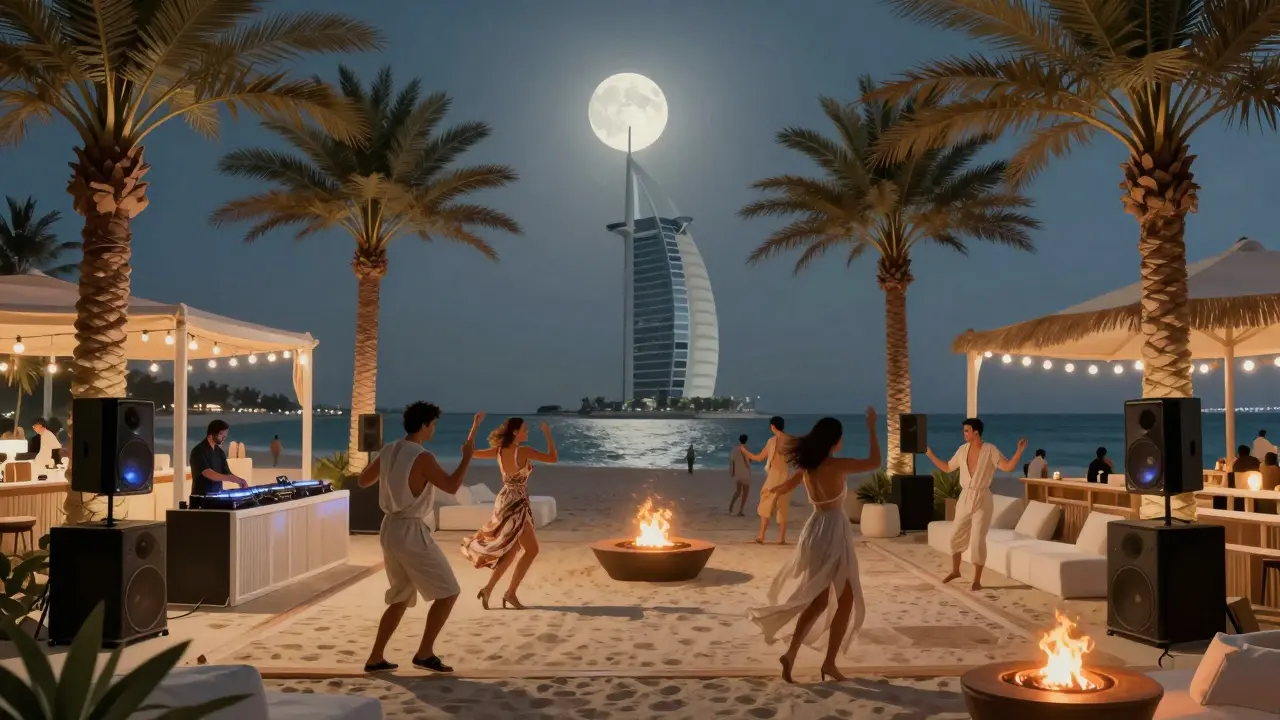 Nikki Beach on Palm Jumeirah after dark, guests dancing under palm trees and string lights.