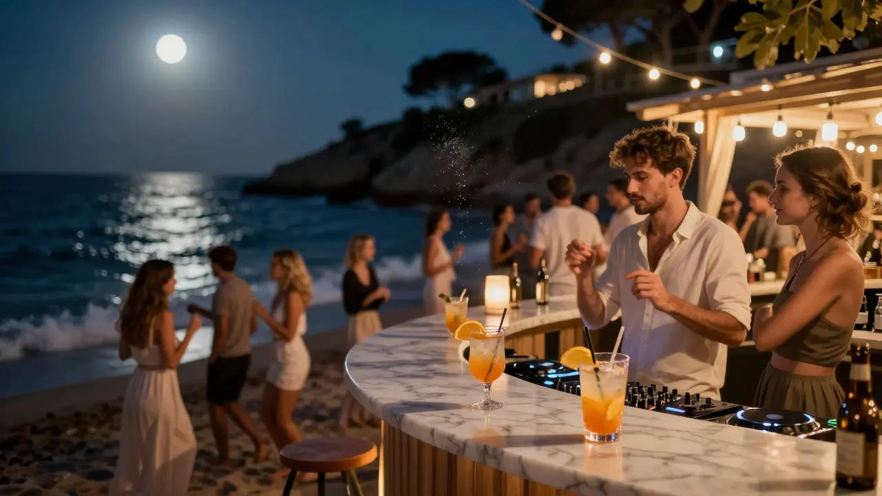 People dancing at an open-air beach club under moonlight with waves and string lights in the background.