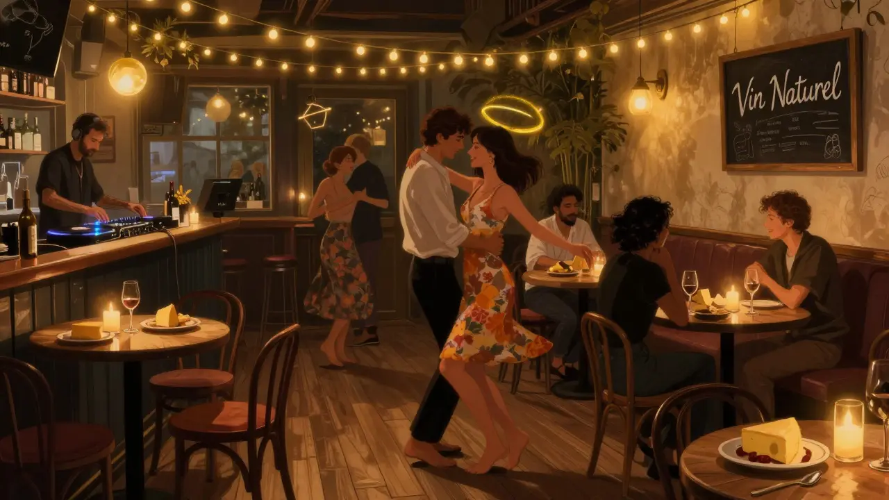 People dancing barefoot in a cozy wine bar with string lights, cheese plates, and a vinyl DJ spinning music.