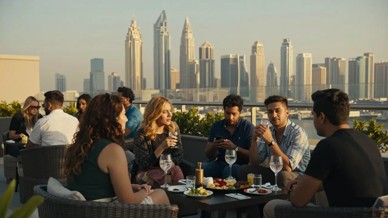 People having thoughtful conversations on a rooftop terrace overlooking Dubai's skyline at dusk.