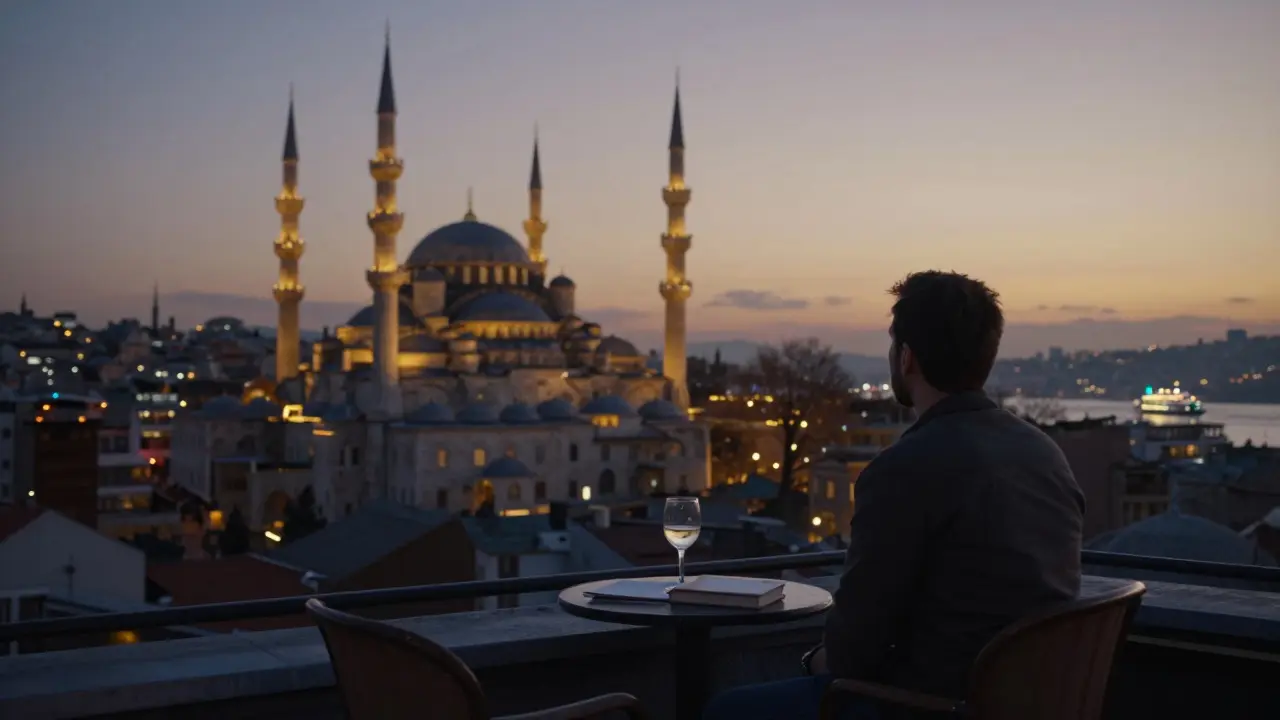 Quiet rooftop terrace at dawn overlooking Sultanahmet Mosque, a lone figure watching the city wake up.