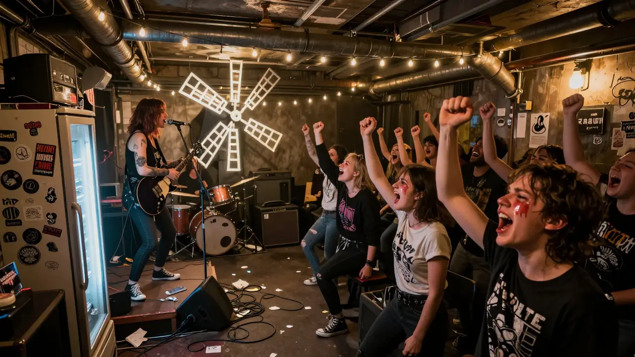 Raw punk show at The Windmill with a band and screaming crowd in a tiny, sticker-covered basement venue.