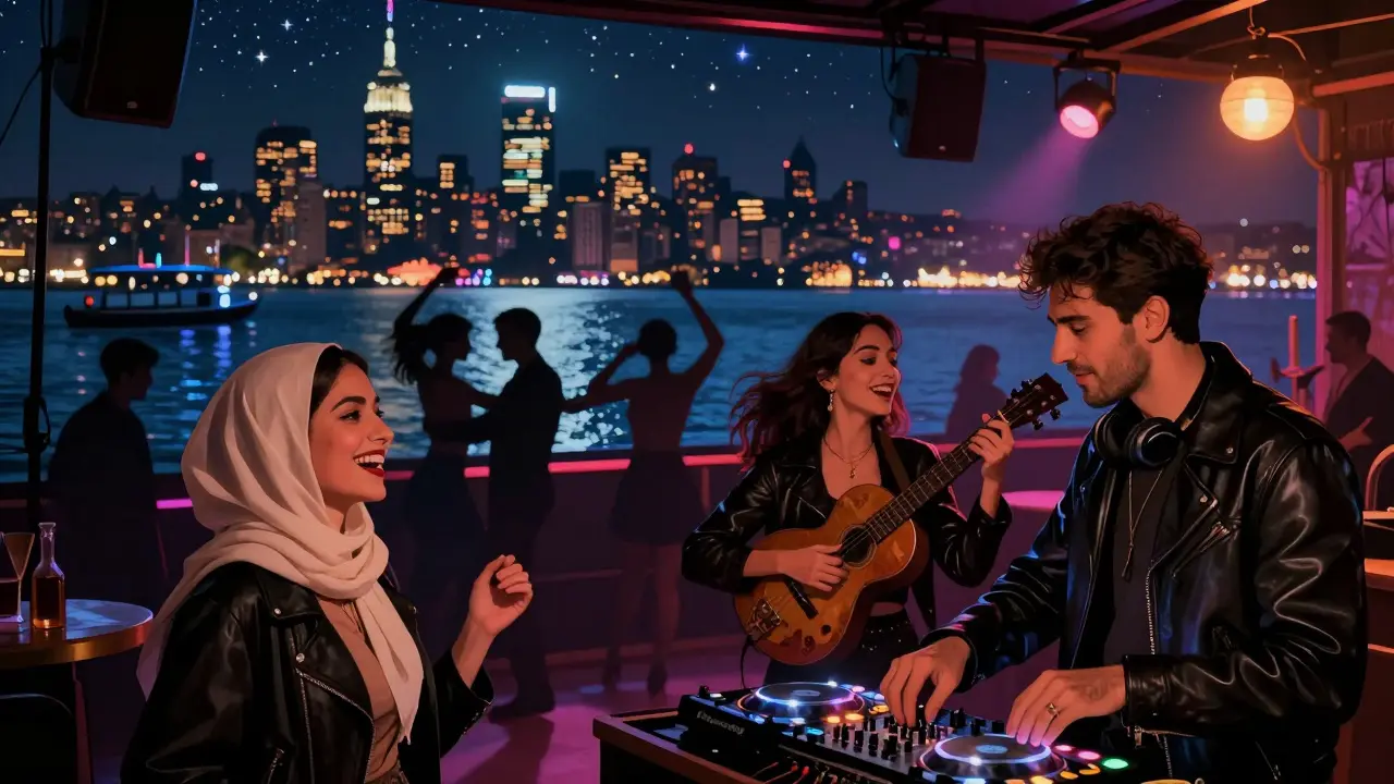 Reina nightclub on the Bosphorus at dawn, dancers silhouetted under stars, blending Turkish music with modern beats.