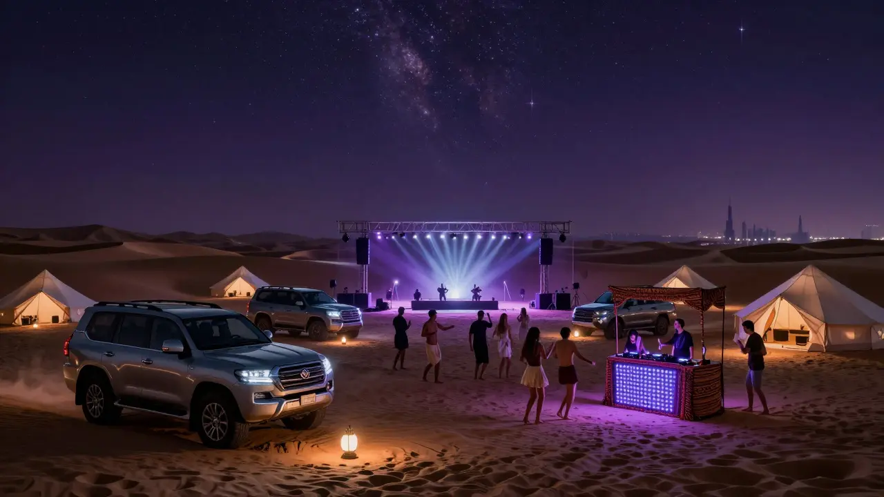 Revellers dancing under the stars in the desert at a silent disco festival.