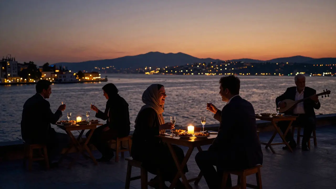 Rooftop at Perili Köşk at sunset, people sharing raki and meze as city lights glow across the Bosphorus.