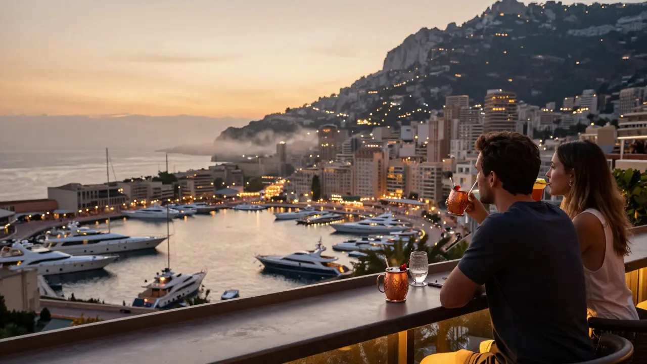 Rooftop terrace at dawn with couple drinking cocktails as yachts glow in the harbor below.