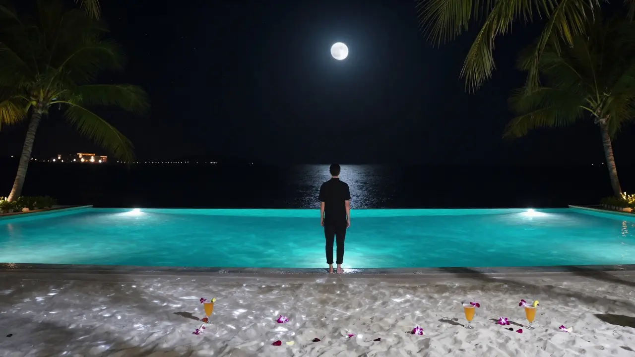 Silhouette at glowing infinity pool under moonlight with turquoise water and dark sea.
