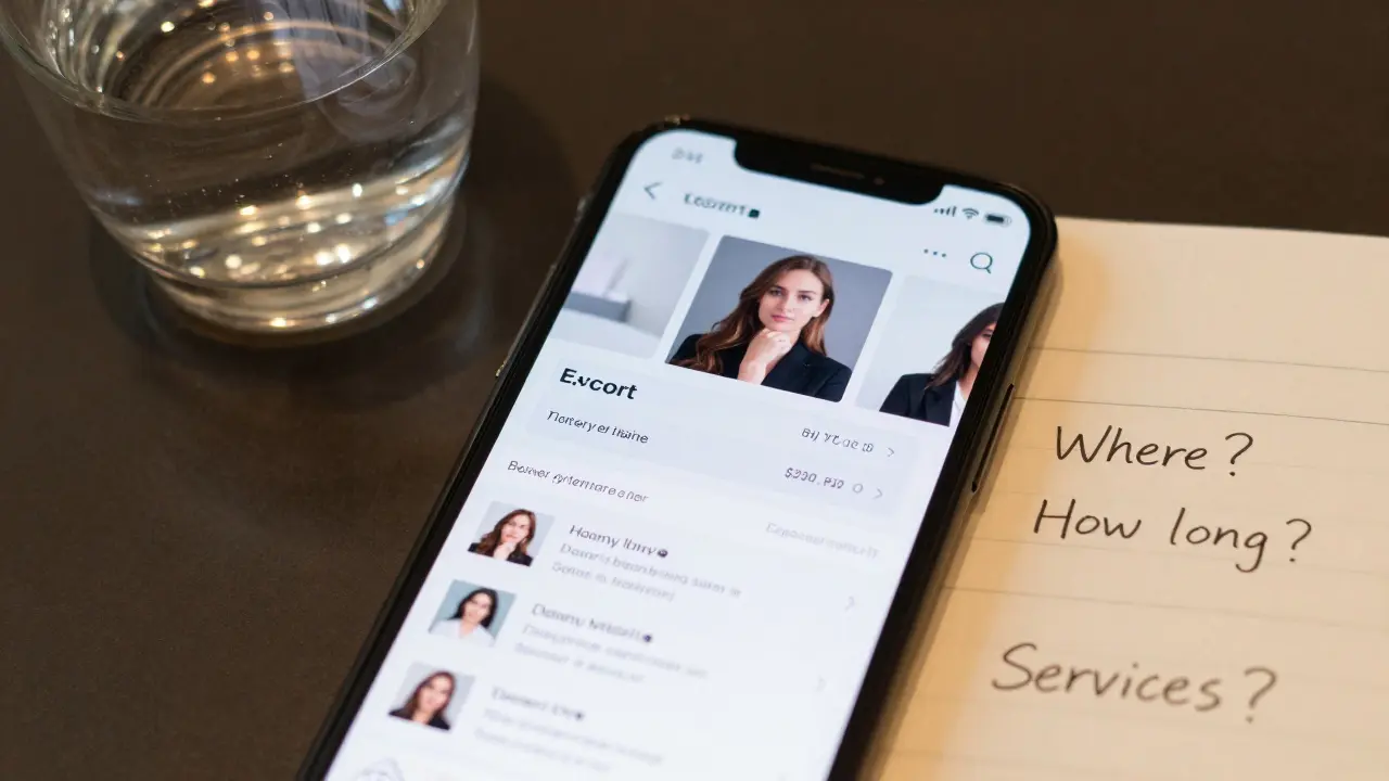 Smartphone showing a professional escort profile with clear details and reviews.