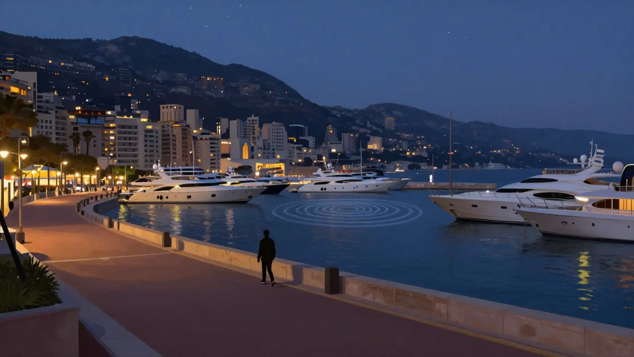 Solitary figure walking along Monaco's harbor at dawn, yachts glowing softly under starry skies.