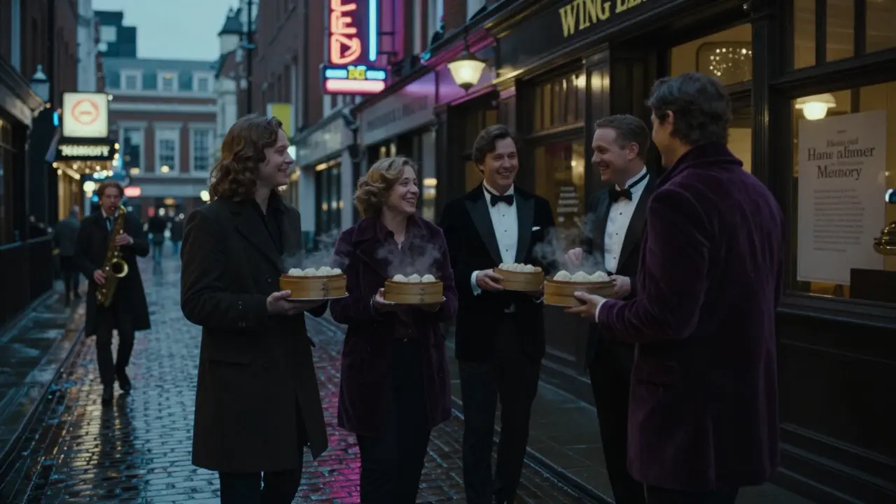 Theatre-goers exiting a dim sum restaurant at 1 AM in Chinatown, steaming baskets in hand, neon lights reflecting on wet streets.