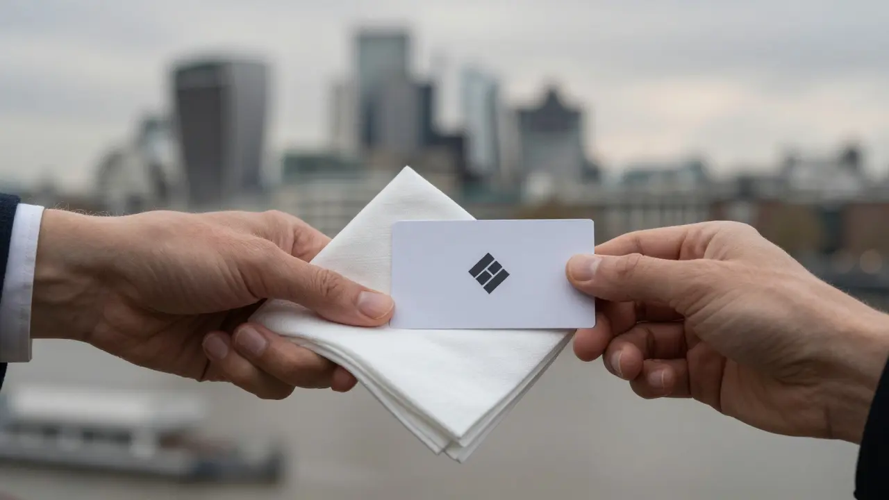 Two hands exchanging cash and a discreet business card on a linen napkin, with a blurred London cityscape in the background.