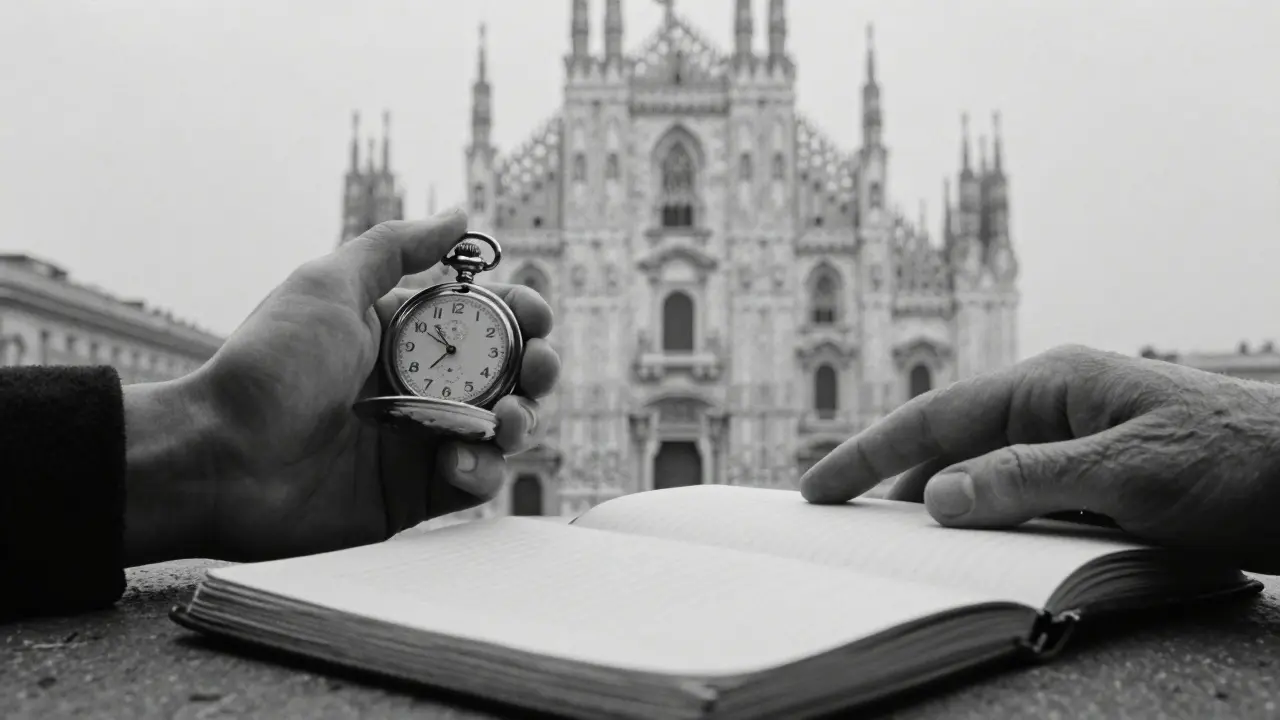 Two hands—one holding a vintage watch, the other near an open journal—symbolizing quiet connection in Milan's misty atmosphere.
