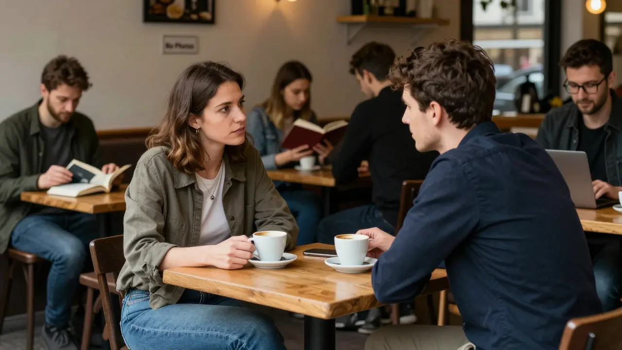 Two people converse quietly in a Berlin café, no physical contact, emphasizing mutual respect before a meeting.