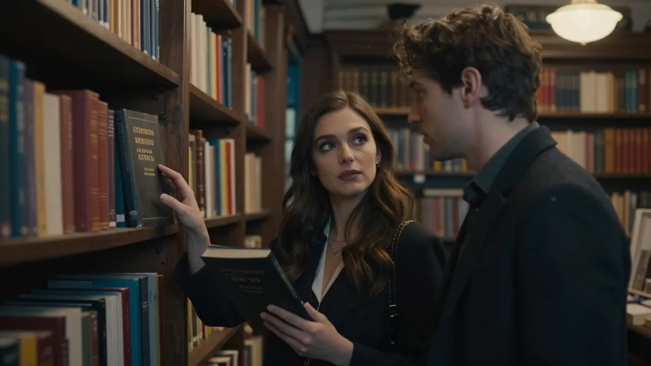 Two people engage in thoughtful conversation in a cozy Parisian bookstore surrounded by vintage books.
