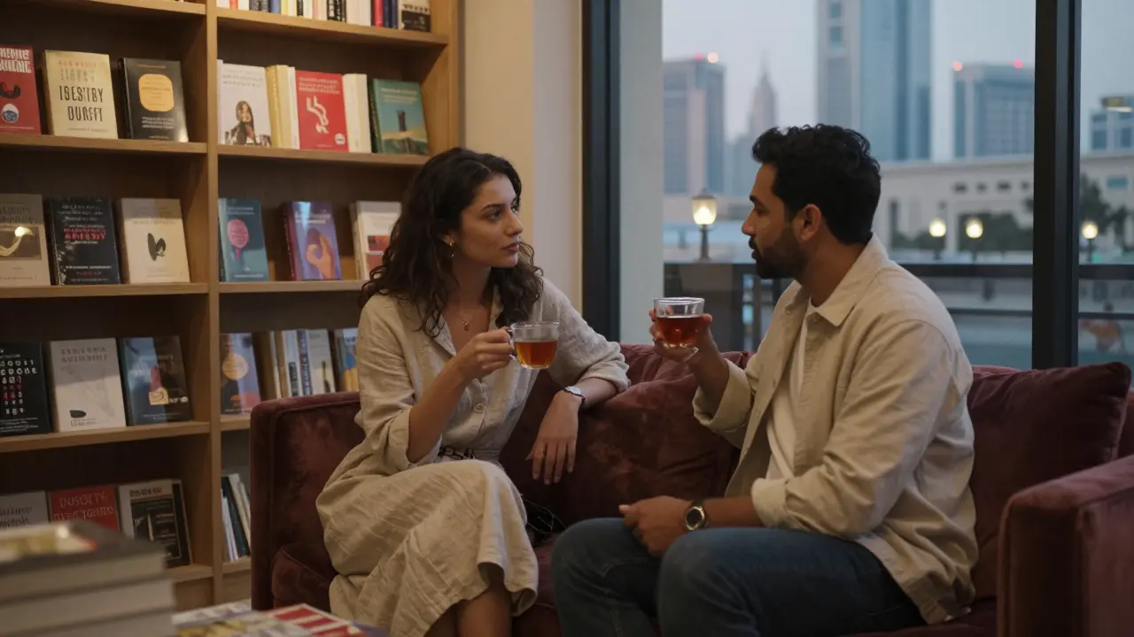 Two people reading and talking quietly in a hidden bookstore in Dubai, surrounded by books and soft lamplight.