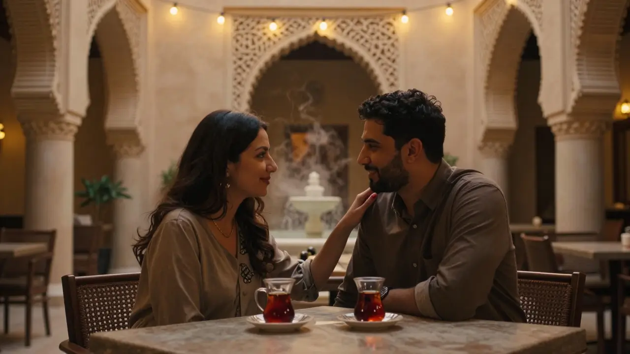 Two people sharing tea in a lantern-lit courtyard, hands gently touching, warm light and arabesque arches surrounding them.