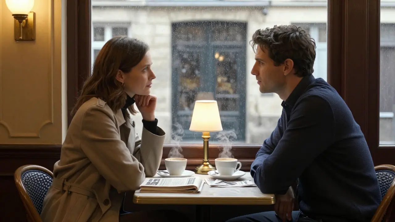 Two people sit in a cozy Parisian café, engaged in quiet conversation over coffee.