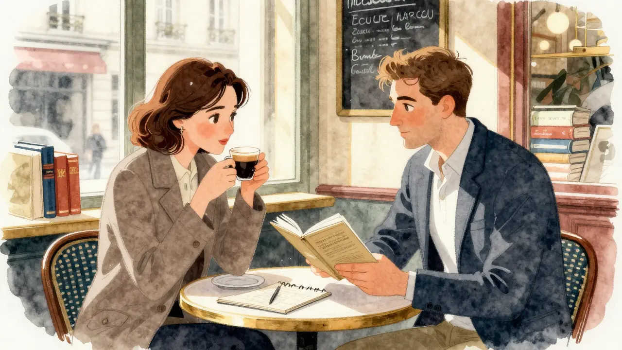 Two people sit in a Parisian café, engaged in thoughtful conversation over coffee and books.