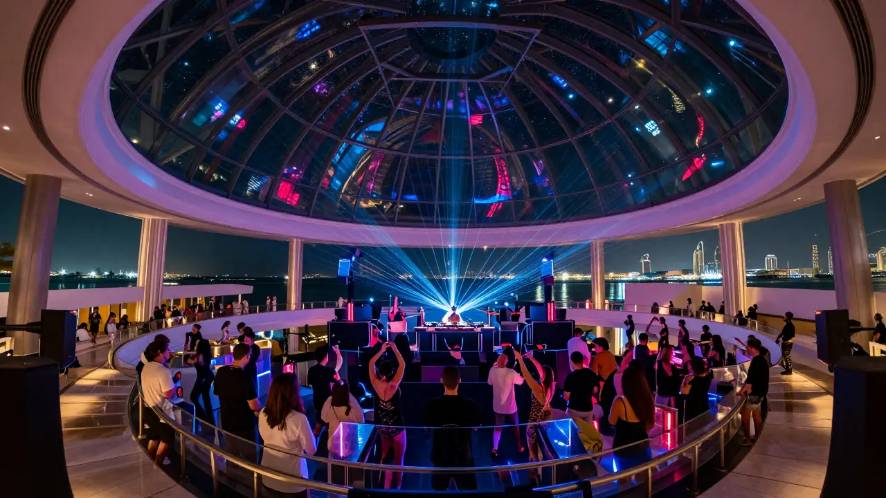 Vibrant nightclub under a glass dome with dancers, lasers, and the sea in the background.