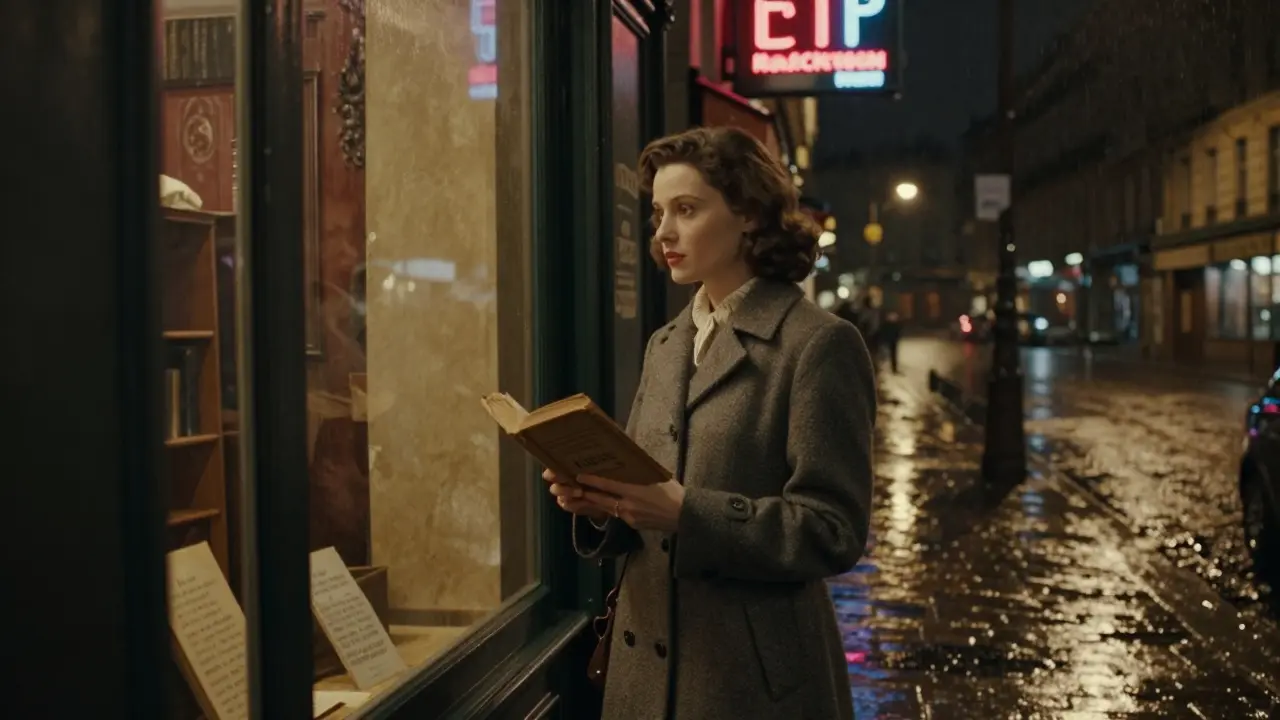 Woman reading poetry by the window of Shakespeare and Company bookstore at night.