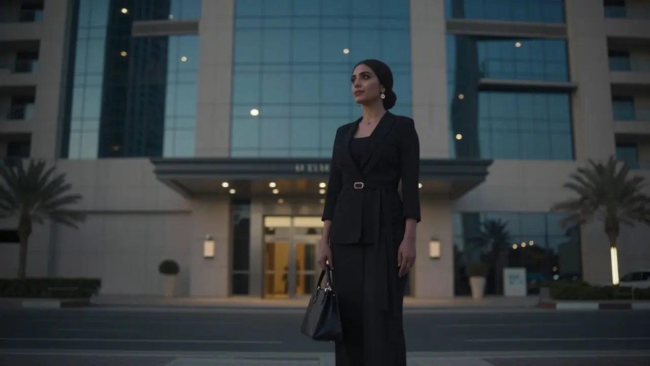 Woman standing confidently outside a luxury Abu Dhabi building at twilight, exuding professionalism.