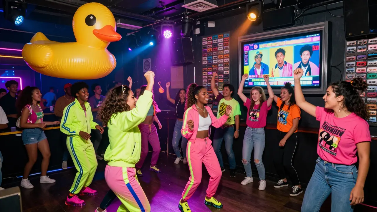 A 90s dance party with people in neon clothes dancing around giant inflatable ducks.