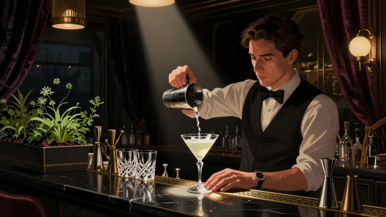 A bartender crafting a luxurious Black Truffle Martini in a dim, elegant bar with herbs and crystal glassware.