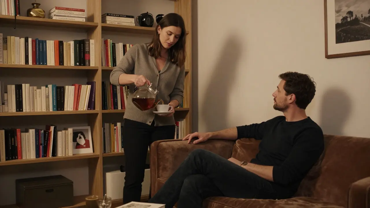 A calm, thoughtful conversation in a cozy Berlin apartment with books and soft lighting.