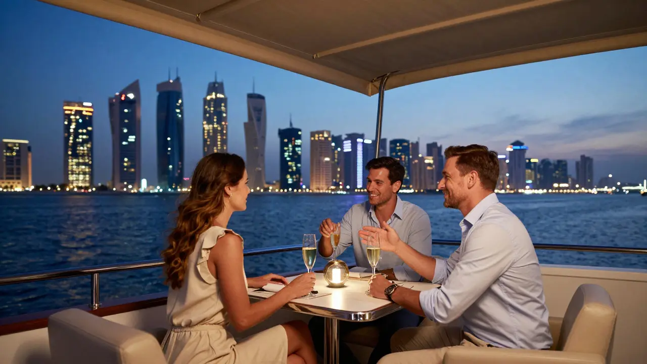 A couple and their companion enjoy champagne on a private yacht along Abu Dhabi’s coastline.