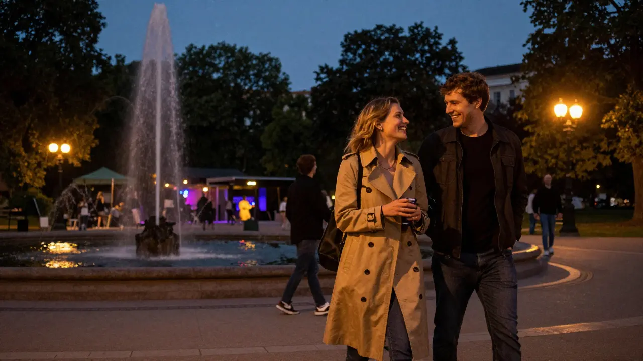 A couple walks with a companion through Tiergarten park at twilight, sharing a moment of quiet joy.