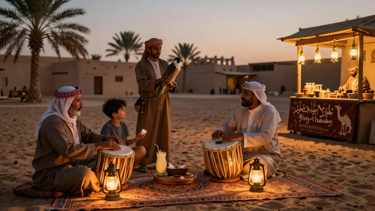 A cultural night at Heritage Village with storytelling, music, and food under glowing lanterns.