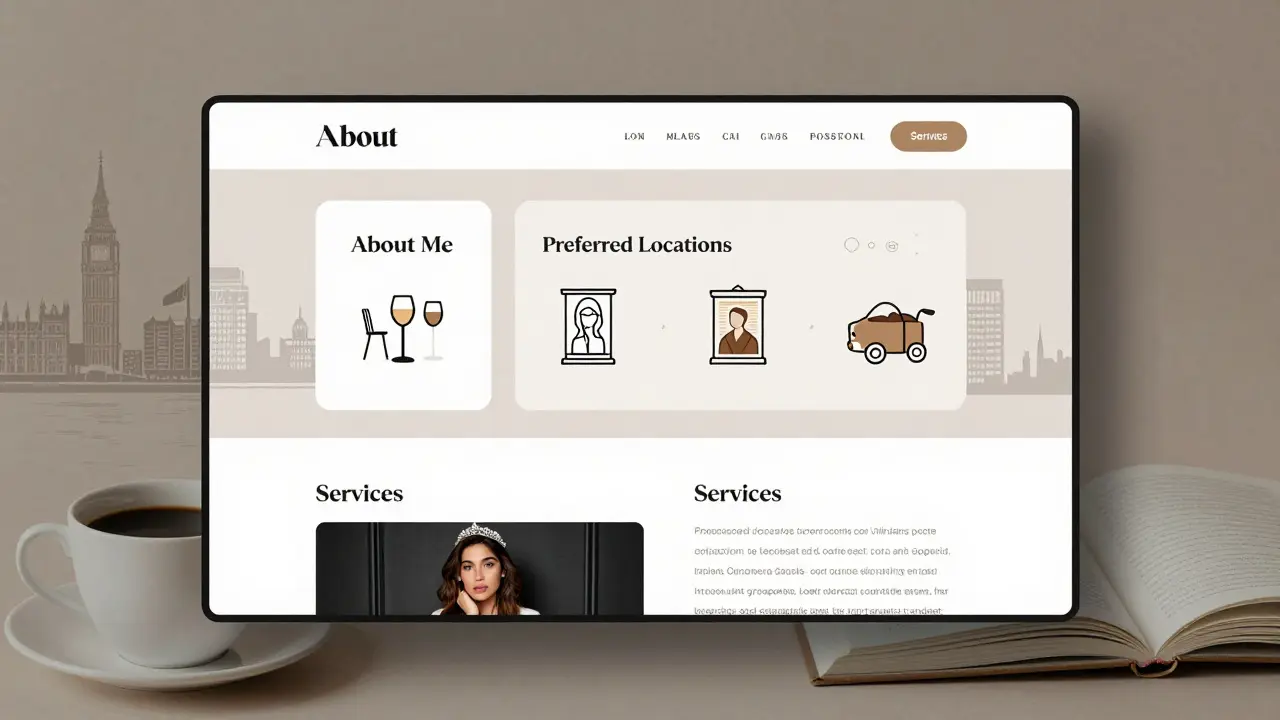 A digital collage of a professional escort's website showing sections on companionship, travel, and personal interests with subtle London-themed elements.