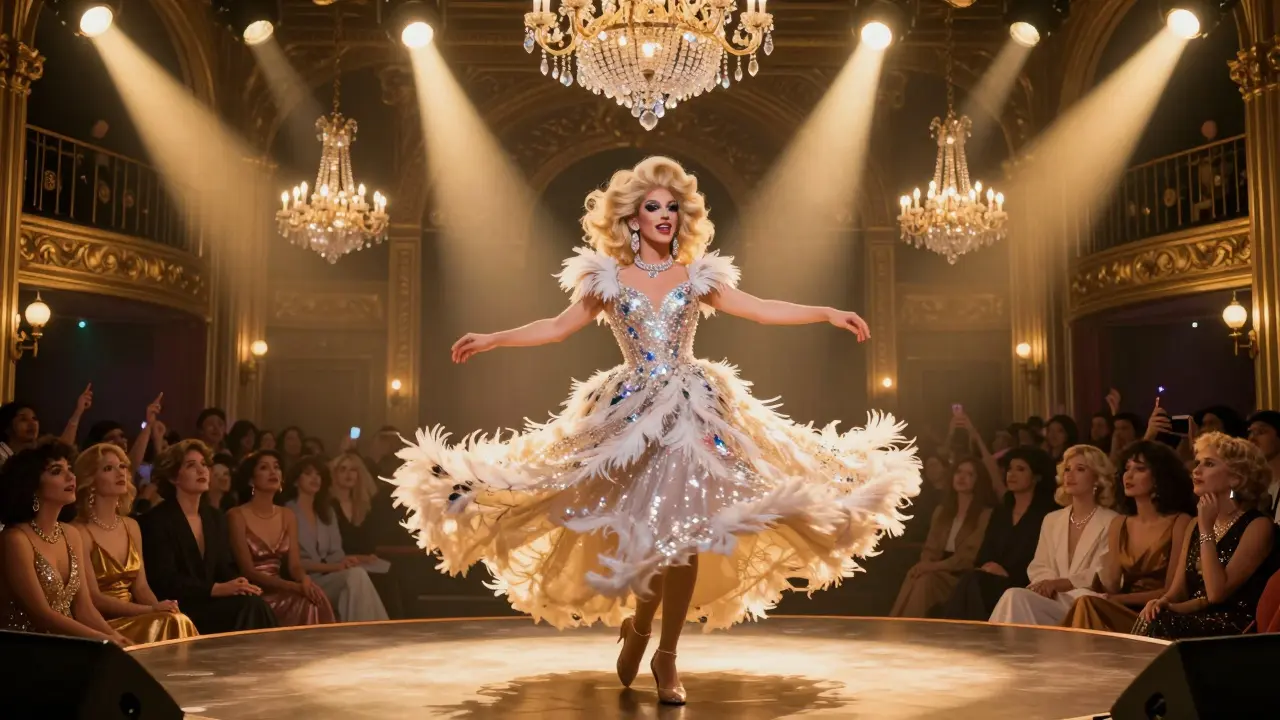A glamorous drag queen performs on stage at Le Palace under sparkling lights and ornate theater decor.
