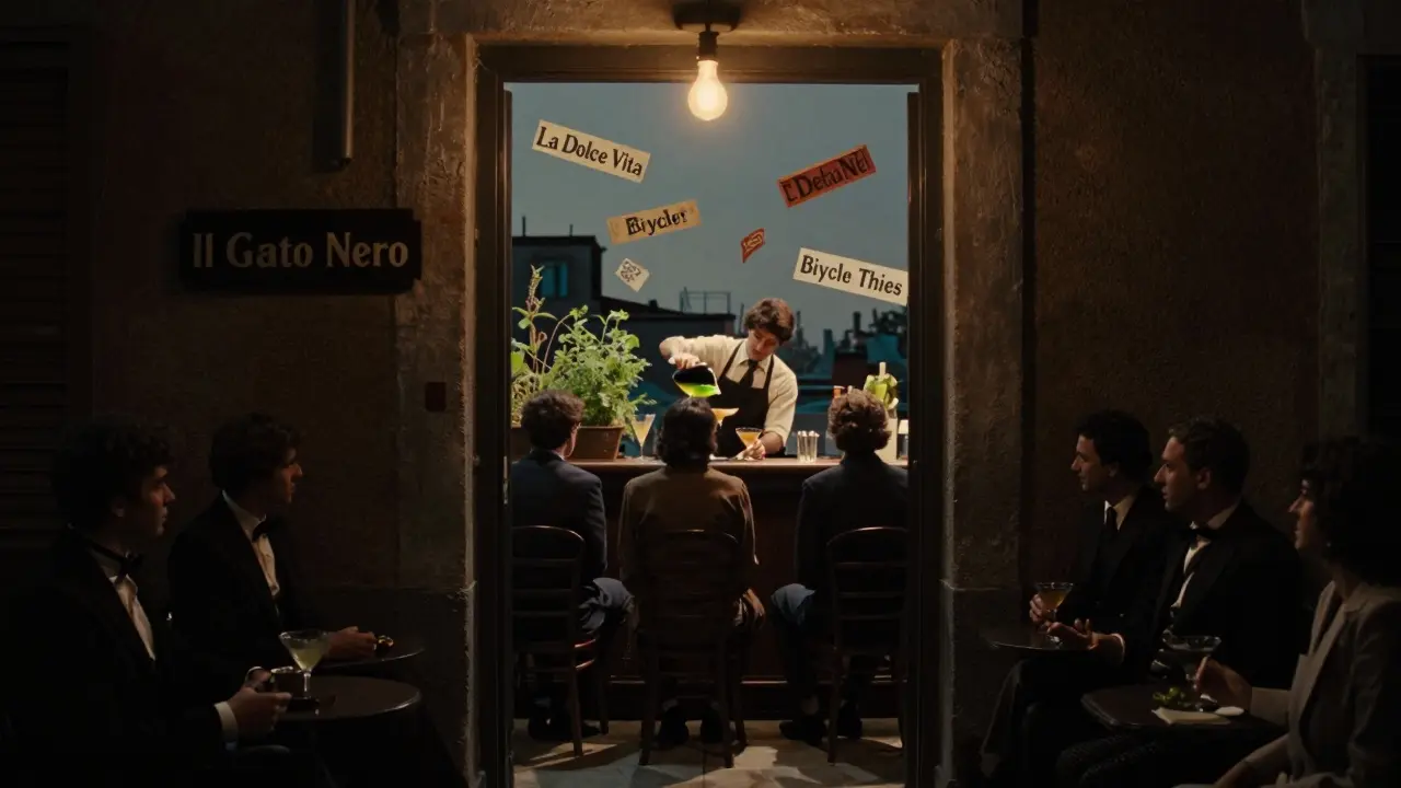 A hidden door with a single bulb leads to a speakeasy where a bartender pours cocktails from rooftop herbs.