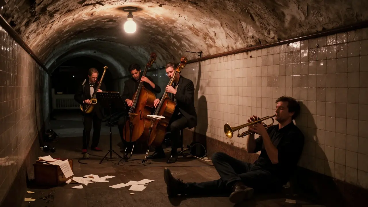 A jazz performance in a damp, tiled underground metro tunnel, with a box overflowing with handwritten notes from listeners.